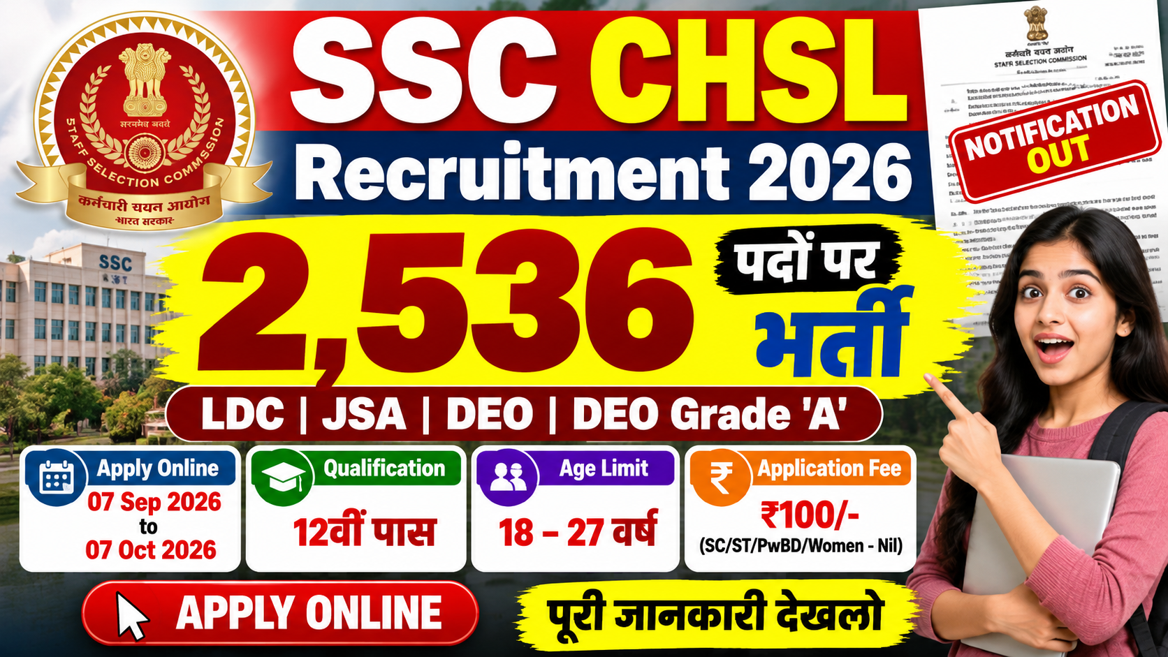 SSC CHSL Recruitment 2026 Notification OUT For 2536 Posts, Apply Online